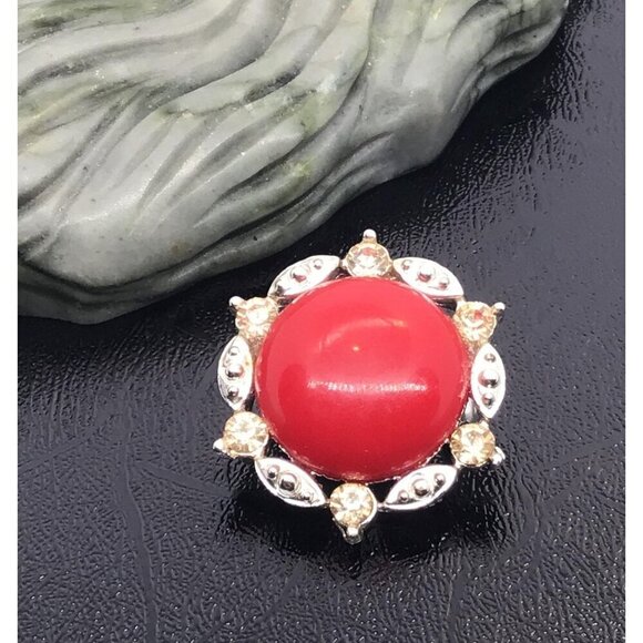 Vintage Red & Silver Brooch With Rhinestone Accents - Picture 3 of 5